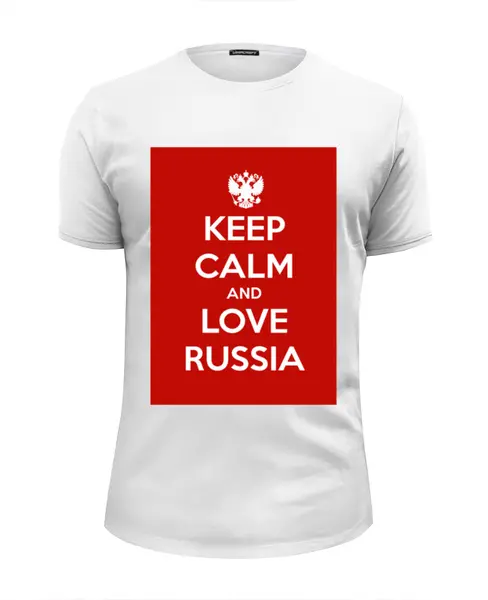 Заказать мужскую футболку в Москве. Футболка базовая KEEP CALM AND LOVE RUSSIA от Design Ministry - готовые дизайны и нанесение принтов.