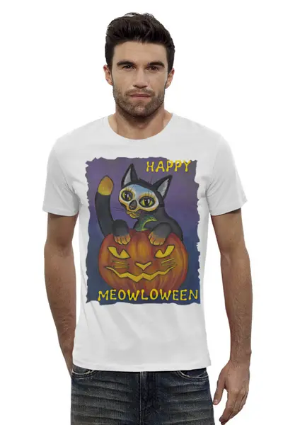 Заказать мужскую футболку в Москве. Футболка базовая Happy Meowloween! от Tori Cerberus - готовые дизайны и нанесение принтов.