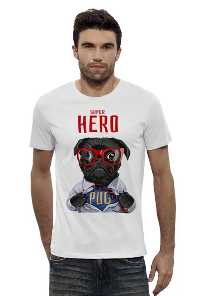 Заказать мужскую футболку в Москве. Футболка базовая SuperHero Pug от Media M  - готовые дизайны и нанесение принтов.