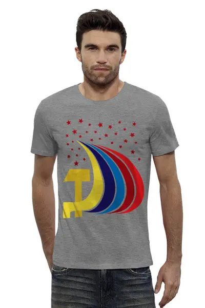 Заказать мужскую футболку в Москве. Футболка базовая Серп и молот с цветными лучами от IrinkaArt  - готовые дизайны и нанесение принтов.