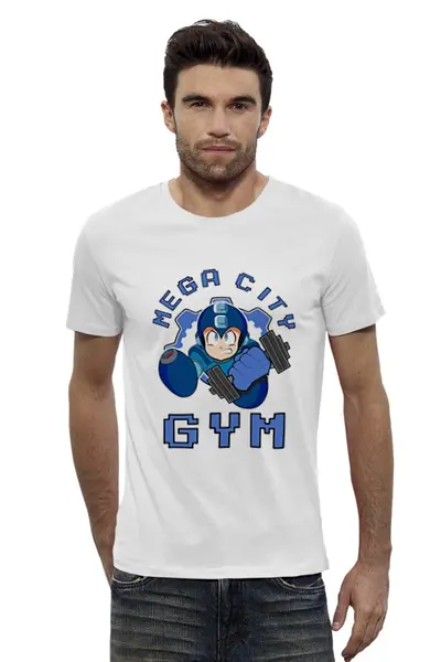 Заказать мужскую футболку в Москве. Футболка базовая Mega Man Gym от madw - готовые дизайны и нанесение принтов.