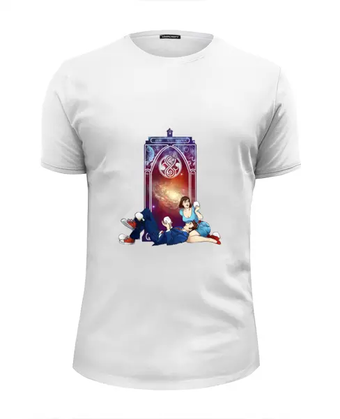 Заказать мужскую футболку в Москве. Футболка базовая Десятый Доктор и Пери (Tenth Doctor and Peri) от Cosmic Shine - готовые дизайны и нанесение принтов.