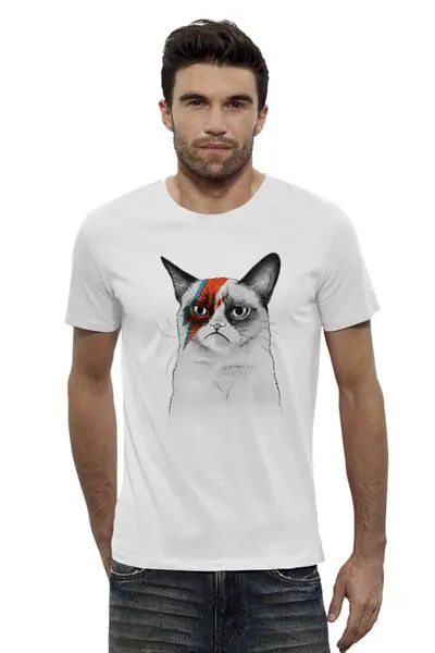 Заказать мужскую футболку в Москве. Футболка базовая Grumpy Cat x Bowie от coolmag - готовые дизайны и нанесение принтов.