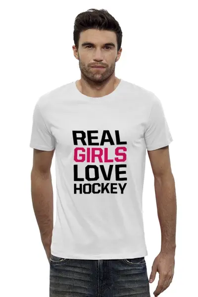 Заказать мужскую футболку в Москве. Футболка базовая Реальные девушки любят хоккей от Romanova - готовые дизайны и нанесение принтов.