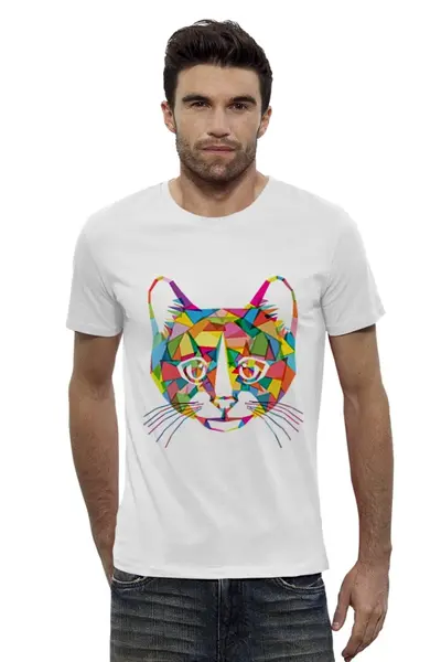 Заказать мужскую футболку в Москве. Футболка базовая Кот (Cat) от fanart - готовые дизайны и нанесение принтов.