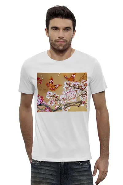 Заказать мужскую футболку в Москве. Футболка базовая Бабочки на цветущей вишне. от etherealmist - готовые дизайны и нанесение принтов.