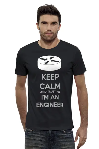Заказать мужскую футболку в Москве. Футболка базовая Keep calm and trust me I'm an engineer BLK от Илья Куранов - готовые дизайны и нанесение принтов.