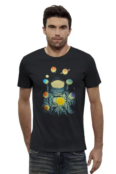 Заказать мужскую футболку в Москве. Футболка базовая Космический жонглер от ISliM - готовые дизайны и нанесение принтов.