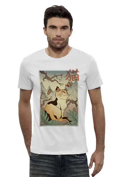 Заказать мужскую футболку в Москве. Футболка базовая Japanese Cat от Павел Павел - готовые дизайны и нанесение принтов.