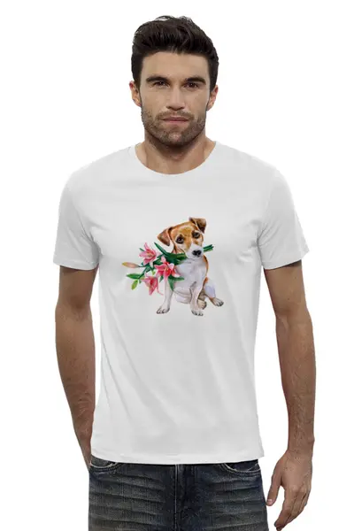 Заказать мужскую футболку в Москве. Футболка базовая Цветы и пес от THE_NISE  - готовые дизайны и нанесение принтов.