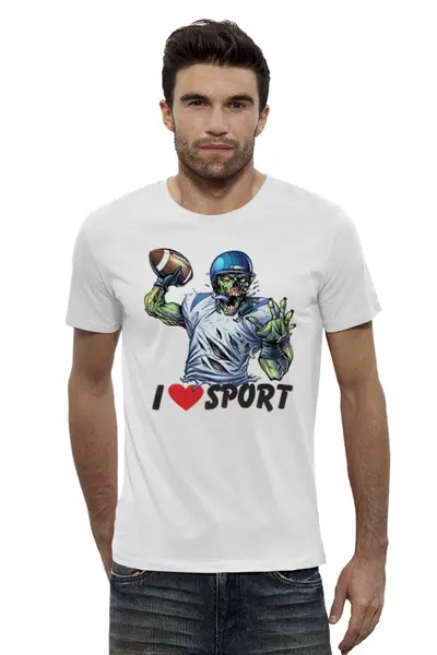 Заказать мужскую футболку в Москве. Футболка базовая Зомби Спорт - Я люблю Спорт от iZOMBIE - готовые дизайны и нанесение принтов.