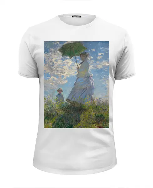Заказать мужскую футболку в Москве. Футболка базовая Дама с зонтиком — Мадам Моне со своим сыном от trend - готовые дизайны и нанесение принтов.