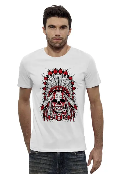Заказать мужскую футболку в Москве. Футболка базовая Скелет в индейской шляпе от YellowCloverShop - готовые дизайны и нанесение принтов.