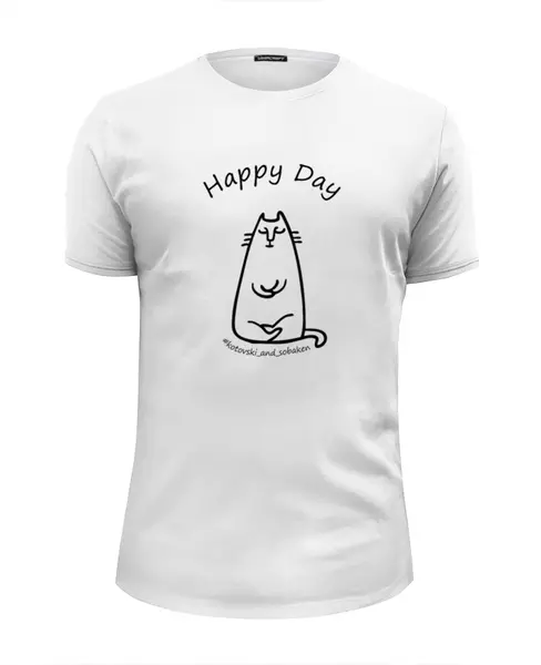 Заказать мужскую футболку в Москве. Футболка базовая Happy day (cat) (мужская, белая) от Максим - готовые дизайны и нанесение принтов.