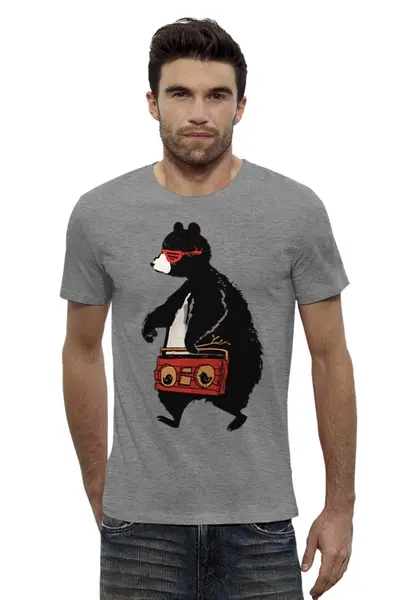 Заказать мужскую футболку в Москве. Футболка базовая Медведь с магнитофоном от printik - готовые дизайны и нанесение принтов.
