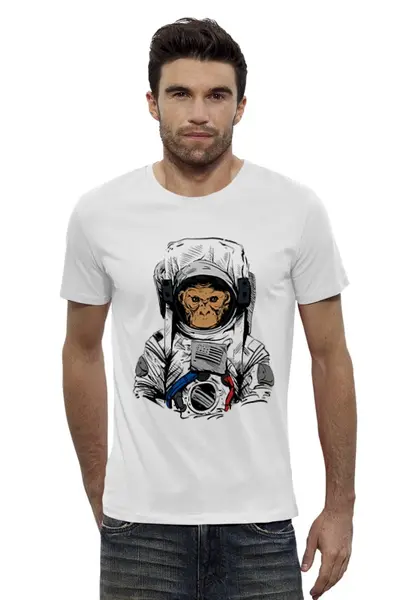 Заказать мужскую футболку в Москве. Футболка базовая Обезьяна космонавт от denis01001 - готовые дизайны и нанесение принтов.