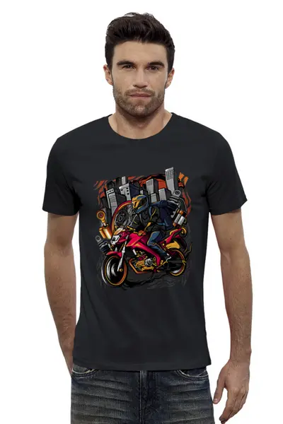Заказать мужскую футболку в Москве. Футболка базовая Мотоциклист в городе от printeriumstore@gmail.com - готовые дизайны и нанесение принтов.