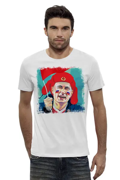 Заказать мужскую футболку в Москве. Футболка базовая Счастливый Путин от tutik_mutik@mail.ru - готовые дизайны и нанесение принтов.