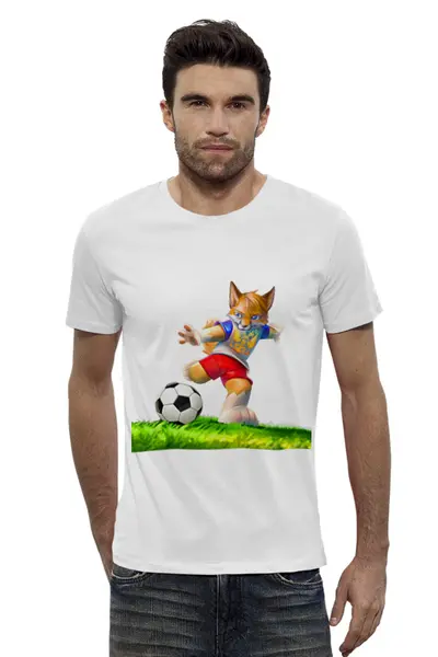 Заказать мужскую футболку в Москве. Футболка базовая Лисенок Футболист от T-shirt print  - готовые дизайны и нанесение принтов.