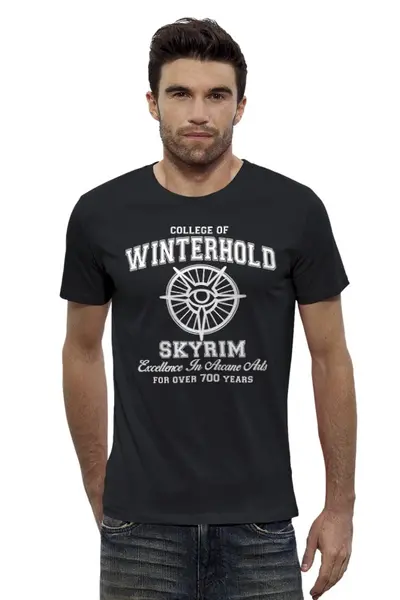 Заказать мужскую футболку в Москве. Футболка базовая Скайрим. College of Winterhold от geekbox - готовые дизайны и нанесение принтов.