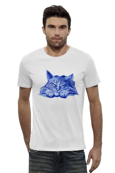 Заказать мужскую футболку в Москве. Футболка базовая Задумчивый кот от ПРИНТЫ ПЕЧАТЬ  - готовые дизайны и нанесение принтов.