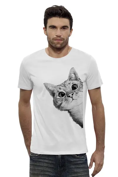 Заказать мужскую футболку в Москве. Футболка базовая Любопытный кот от mug-shop - готовые дизайны и нанесение принтов.
