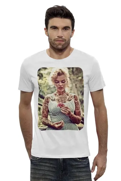 Заказать мужскую футболку в Москве. Футболка базовая Мерелин Монро с тату от trygun - готовые дизайны и нанесение принтов.