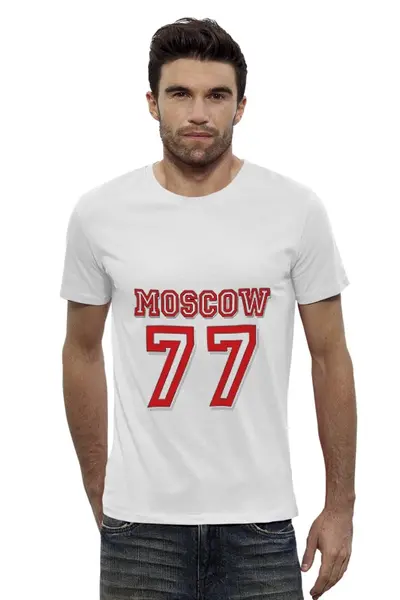 Заказать мужскую футболку в Москве. Футболка базовая 77 Moscow white от Muhammad Ruziev - готовые дизайны и нанесение принтов.