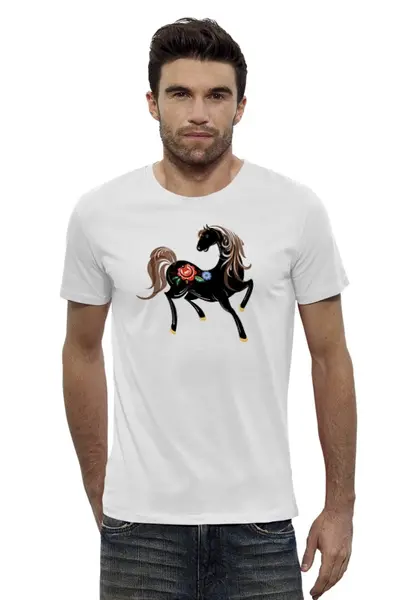 Заказать мужскую футболку в Москве. Футболка базовая Городецкая лошадка от irishkalia - готовые дизайны и нанесение принтов.