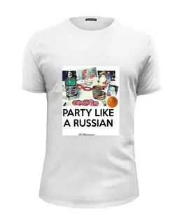 Заказать мужскую футболку в Москве. Футболка базовая Party like a Russian Новогодняя от Design Ministry - готовые дизайны и нанесение принтов.