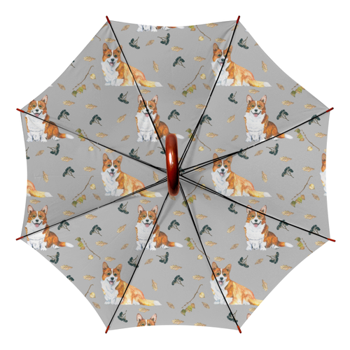Заказать зонт в Москве. Зонт-трость двусторонний с деревянной ручкой Осень и корги от juliafast77 - готовые дизайны и нанесение принтов.
