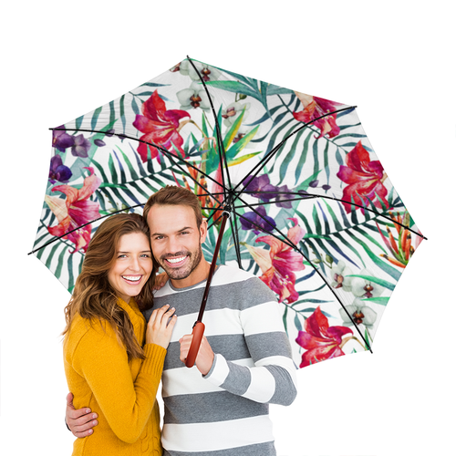 Заказать зонт в Москве. Зонт-трость двусторонний с деревянной ручкой Тропические цветы от zen4@bk.ru - готовые дизайны и нанесение принтов.