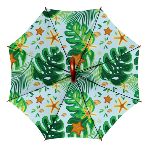 Заказать зонт в Москве. Зонт-трость двусторонний с деревянной ручкой Тропические листья и морские звезды от IrinkaArt  - готовые дизайны и нанесение принтов.