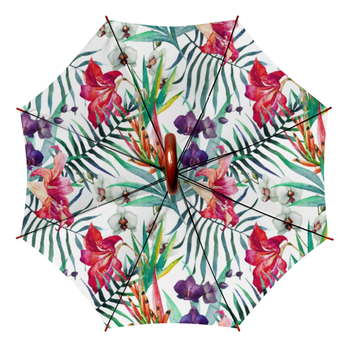 Заказать зонт в Москве. Зонт-трость двусторонний с деревянной ручкой Тропические цветы от zen4@bk.ru - готовые дизайны и нанесение принтов.