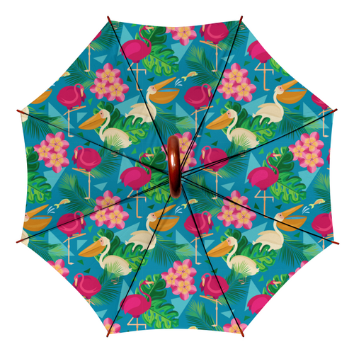 Заказать зонт в Москве. Зонт-трость двусторонний с деревянной ручкой Фламинго и пеликаны в геометрических тропиках от IrinkaArt  - готовые дизайны и нанесение принтов.