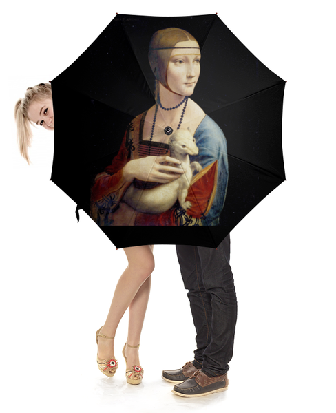 Заказать зонт в Москве. Зонт-трость с деревянной ручкой Дама с горностаем (Леонардо да Винчи) от trend - готовые дизайны и нанесение принтов.