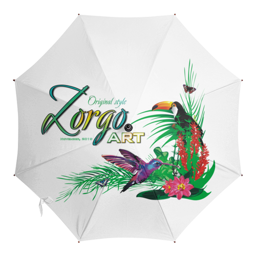 Заказать зонт в Москве. Зонт-трость с деревянной ручкой Тропические птицы от Зорго АРТ. от Zorgo-Art  - готовые дизайны и нанесение принтов.