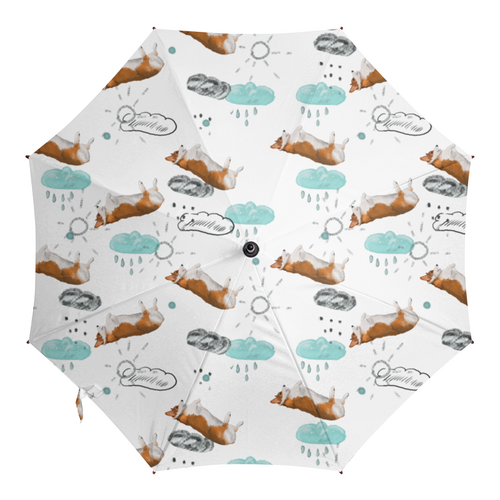 Заказать зонт в Москве. Зонт-трость с деревянной ручкой дождь и корги от juliafast77 - готовые дизайны и нанесение принтов.