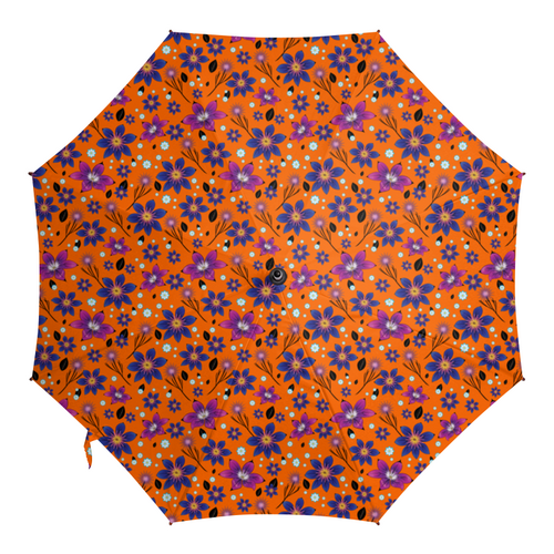 Заказать зонт в Москве. Зонт-трость с деревянной ручкой цветочный паттерн на оранжевом фоне от ELENA ZHARINOVA - готовые дизайны и нанесение принтов.