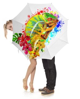 Заказать зонт в Москве. Зонт-трость с деревянной ручкой Хамелеон с цветами в пятнах краски. от Zorgo-Art  - готовые дизайны и нанесение принтов.