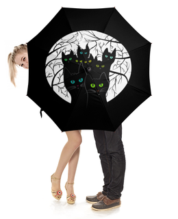 Заказать зонт в Москве. Зонт-трость с деревянной ручкой Черные коты в лесу от PolinaPo - готовые дизайны и нанесение принтов.