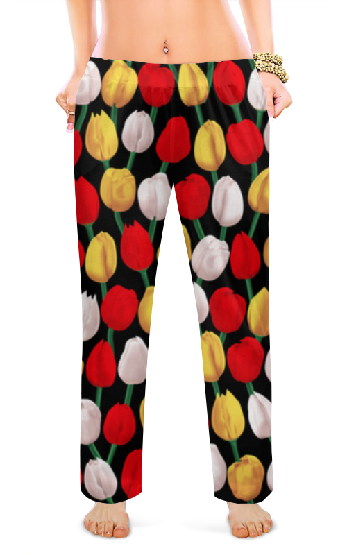 Printio Женские пижамные штаны Тюльпаны на чёрном