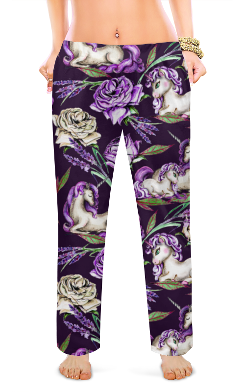 Printio Женские пижамные штаны Единороги среди цветов - темный дизайн