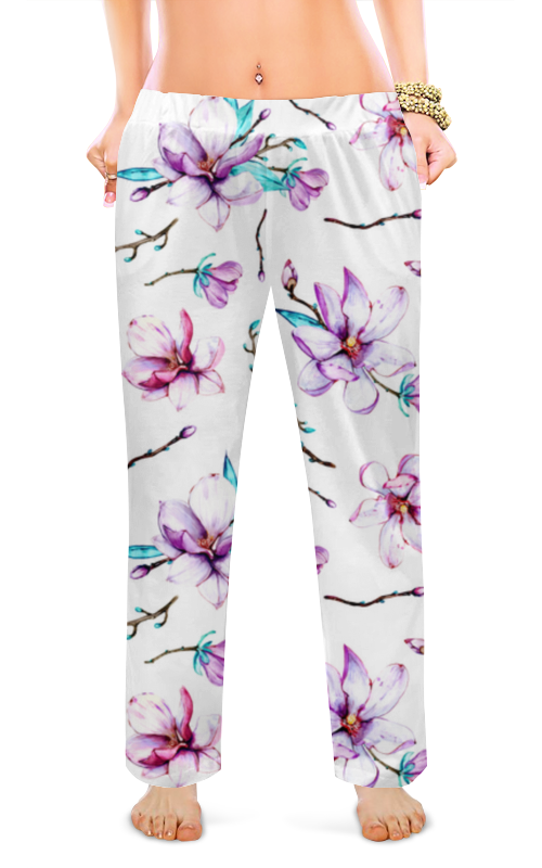 Printio Женские пижамные штаны Магнолии и веточки на белом фоне штаны нежные на 1 3 месяца