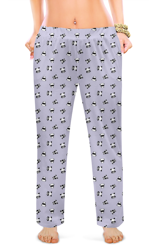 Printio Женские пижамные штаны Мишки панды на сиреневом фоне