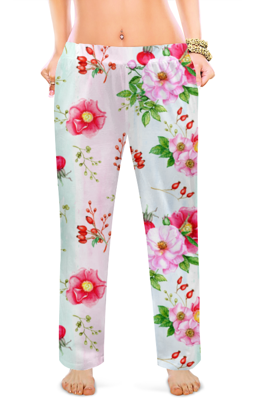 Printio Женские пижамные штаны Цветущий шиповник на акварельном фоне