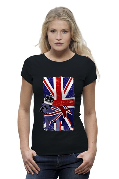 Заказать женскую футболку в Москве. Футболка базовая UK English Bulldog & Union Jack Flag от pangeaaffair - готовые дизайны и нанесение принтов.