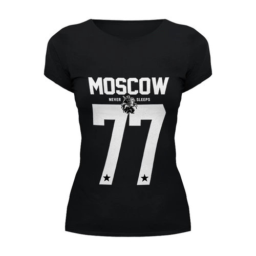Заказать женскую футболку в Москве. Футболка базовая MOSCOW 77 от Design Ministry - готовые дизайны и нанесение принтов.