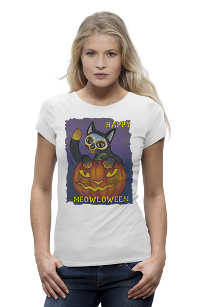Заказать женскую футболку в Москве. Футболка базовая Happy Meowloween! от Tori Cerberus - готовые дизайны и нанесение принтов.