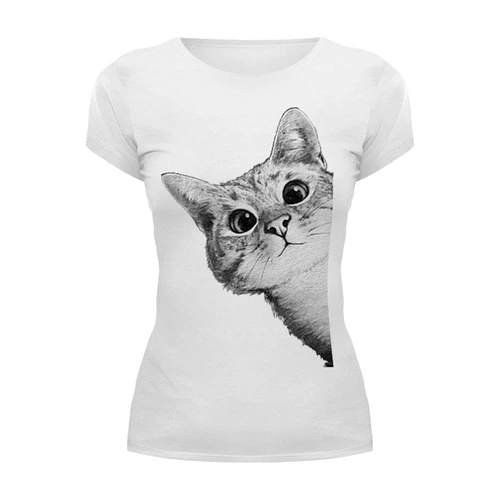 Заказать женскую футболку в Москве. Футболка базовая Любопытный кот от mug-shop - готовые дизайны и нанесение принтов.